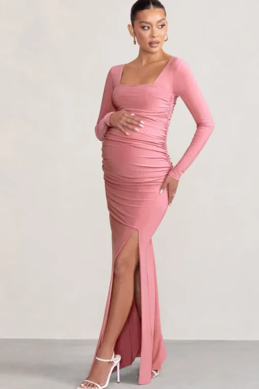 My Pleasure | Blush Long Sleeve Square Neck Maternity Maxi Dress with Split