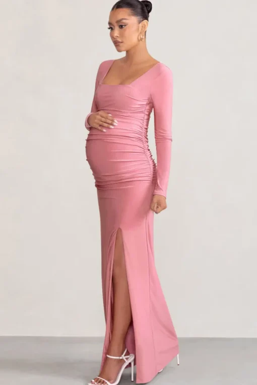 My Pleasure | Blush Long Sleeve Square Neck Maternity Maxi Dress with Split