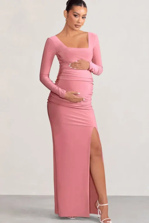My Pleasure | Blush Long Sleeve Square Neck Maternity Maxi Dress with Split