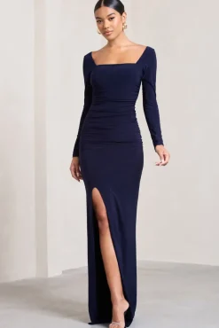 My Pleasure | Navy Square Neck Ruched Maxi Dress