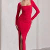 My Pleasure | Red Square Neck Ruched Maxi Dress