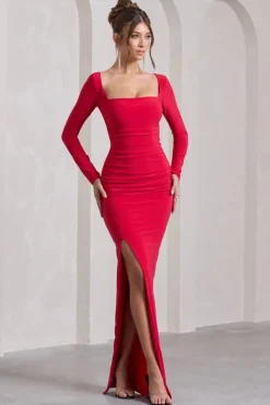 My Pleasure | Red Square Neck Ruched Maxi Dress