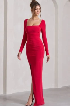 My Pleasure | Red Square Neck Ruched Maxi Dress