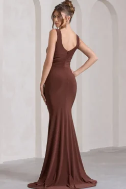 My Presence | Chocolate Brown Low-Back Fishtail Split Maxi Dress