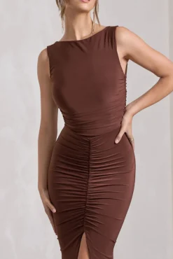 My Presence | Chocolate Brown Low-Back Fishtail Split Maxi Dress