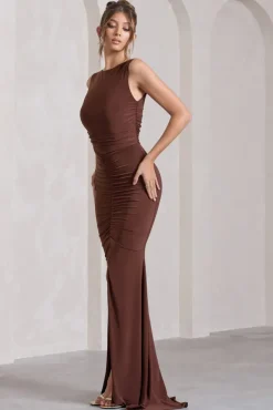 My Presence | Chocolate Brown Low-Back Fishtail Split Maxi Dress