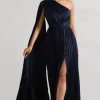 My Vision | Navy Plisse Asymmetric Split Maxi Dress With Cape Sleeve