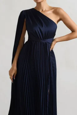 My Vision | Navy Plisse Asymmetric Split Maxi Dress With Cape Sleeve