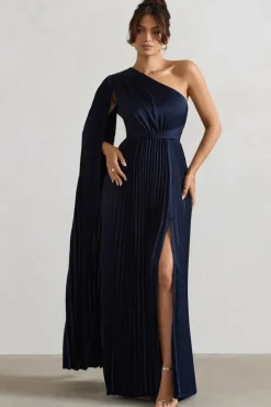My Vision | Navy Plisse Asymmetric Split Maxi Dress With Cape Sleeve