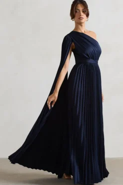 My Vision | Navy Plisse Asymmetric Split Maxi Dress With Cape Sleeve