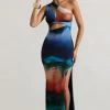 Mykonos | Multi Blur Print Asymmetric Cut-Out Split Maxi Dress