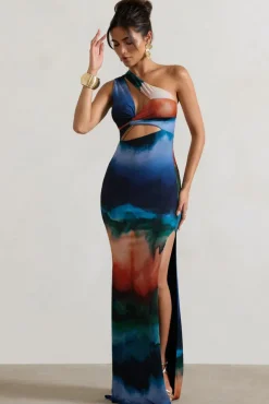 Mykonos | Multi Blur Print Asymmetric Cut-Out Split Maxi Dress