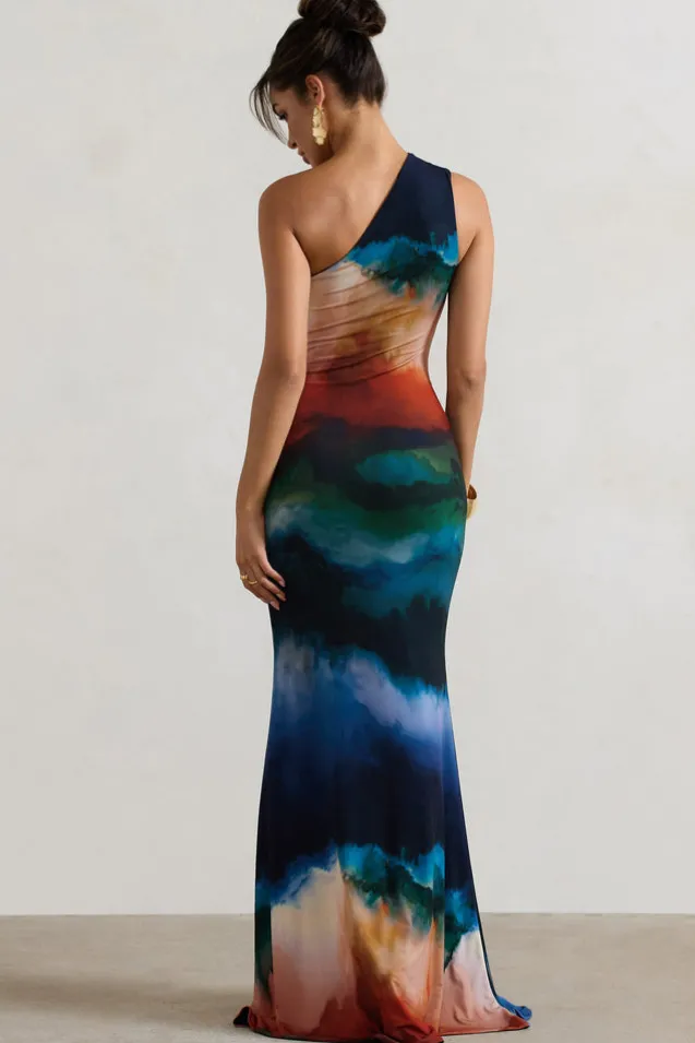 Mykonos | Multi Blur Print Asymmetric Cut-Out Split Maxi Dress