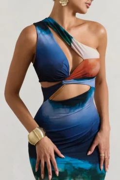 Mykonos | Multi Blur Print Asymmetric Cut-Out Split Maxi Dress