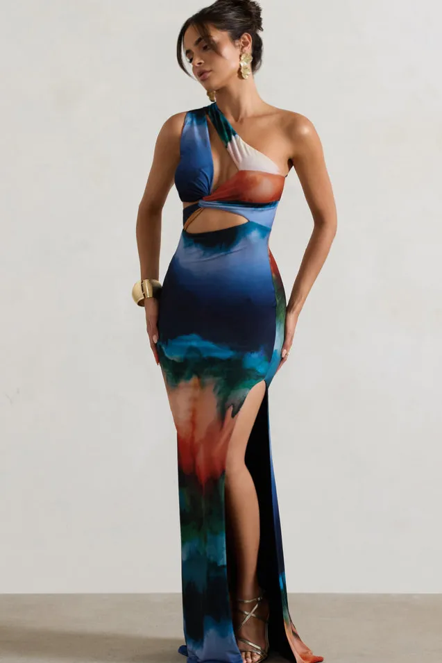Mykonos | Multi Blur Print Asymmetric Cut-Out Split Maxi Dress