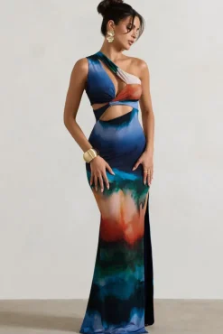 Mykonos | Multi Blur Print Asymmetric Cut-Out Split Maxi Dress