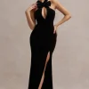Mystery | Black Velvet Plunge Halter-Neck Split Maxi Dress With Bow