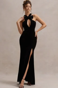 Mystery | Black Velvet Plunge Halter-Neck Split Maxi Dress With Bow