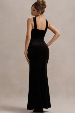 Mystery | Black Velvet Plunge Halter-Neck Split Maxi Dress With Bow