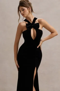 Mystery | Black Velvet Plunge Halter-Neck Split Maxi Dress With Bow