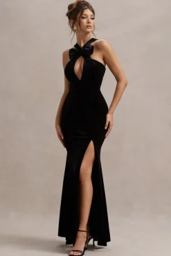 Mystery | Black Velvet Plunge Halter-Neck Split Maxi Dress With Bow