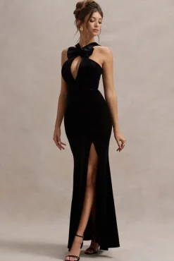 Mystery | Black Velvet Plunge Halter-Neck Split Maxi Dress With Bow