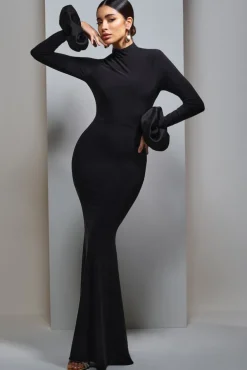 Mystic | Black High-Neck Maxi Dress With Satin Cuffs