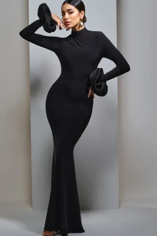 Mystic | Black High-Neck Maxi Dress With Satin Cuffs