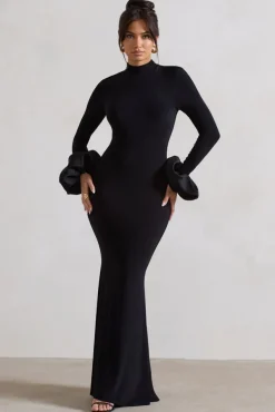 Mystic | Black High-Neck Maxi Dress With Satin Cuffs