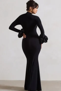 Mystic | Black High-Neck Maxi Dress With Satin Cuffs