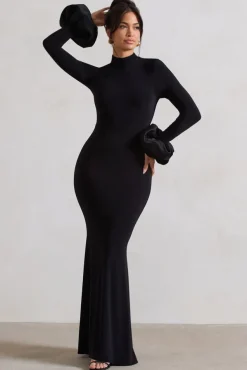 Mystic | Black High-Neck Maxi Dress With Satin Cuffs