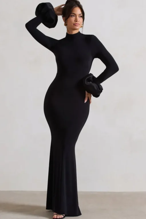 Mystic | Black High-Neck Maxi Dress With Satin Cuffs
