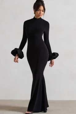 Mystic | Black High-Neck Maxi Dress With Satin Cuffs