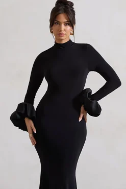 Mystic | Black High-Neck Maxi Dress With Satin Cuffs