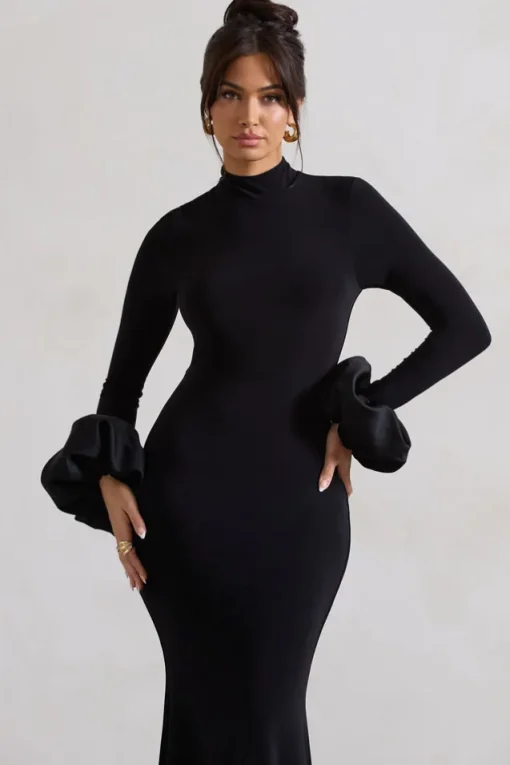 Mystic | Black High-Neck Maxi Dress With Satin Cuffs