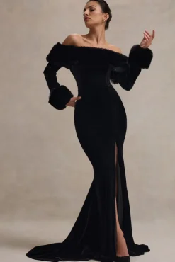 Mystique | Black Bardot Split Maxi Dress With Fur Trims
