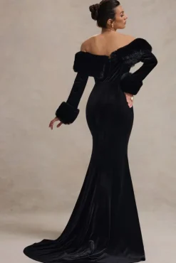Mystique | Black Bardot Split Maxi Dress With Fur Trims