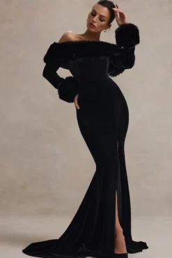 Mystique | Black Bardot Split Maxi Dress With Fur Trims