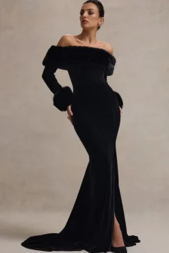 Mystique | Black Bardot Split Maxi Dress With Fur Trims