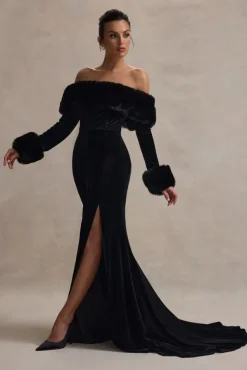 Mystique | Black Bardot Split Maxi Dress With Fur Trims