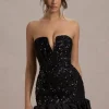 Nadia | Black Sequin Strapless Mini Dress With Ruffle Trim