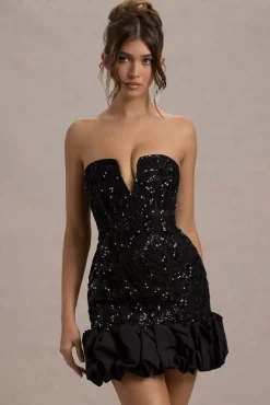 Nadia | Black Sequin Strapless Mini Dress With Ruffle Trim