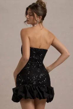 Nadia | Black Sequin Strapless Mini Dress With Ruffle Trim