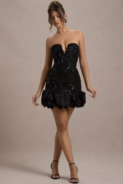 Nadia | Black Sequin Strapless Mini Dress With Ruffle Trim