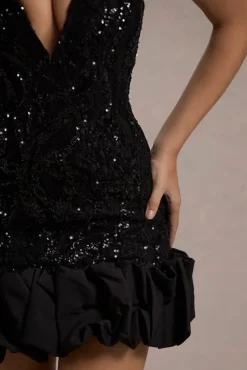 Nadia | Black Sequin Strapless Mini Dress With Ruffle Trim
