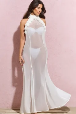 Naelya | White Chiffon Halter-Neck Maxi Dress With Corsages