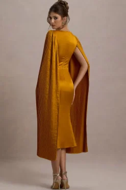 Nalda | Mustard Square-Neck Midi Dress With Cape Sleeves