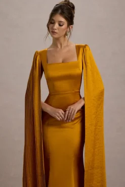 Nalda | Mustard Square-Neck Midi Dress With Cape Sleeves