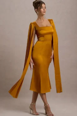 Nalda | Mustard Square-Neck Midi Dress With Cape Sleeves
