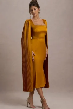 Nalda | Mustard Square-Neck Midi Dress With Cape Sleeves